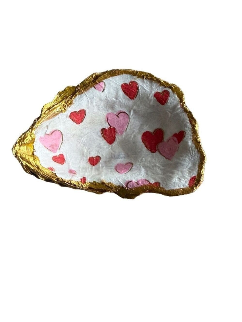 Handcrafted Oyster Shell Trinket Dish Heart Design Gold Trim Coastal